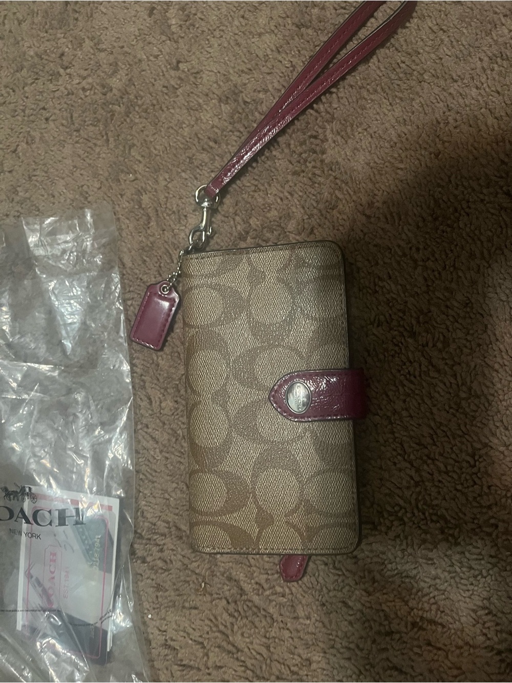 Coach Signature Canvas Wristlet Wallet in Brown & Burgundy